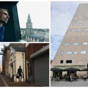 3 foto's van Groningen. Tjeerd kijkt uit het raam met uitzicht op de Martinitoren, hoog taps toe lopend wit gebouw (Forum), steegje met muurschildering van een schaduw van een persoon