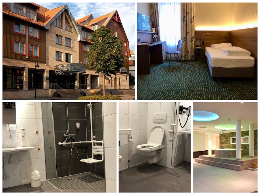 collage van 5 foto's van kamer, badkamer en hotel