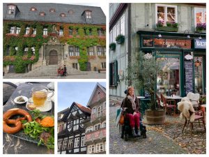 collage van 4 foto's van Quedlinburg, Stadhuis in herfstkleuren gehuld door begroeiing, Eelke rijdt langs een terrasje, vakwerkhuisjes gevels, bordje met 8 vorig broodje en oranje smeersel ernaast)