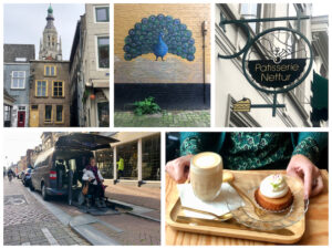 Breda sfeerbeelden, 1) Pauw als muurschildering, 2) gietijzeren uithangbord Patisserie Nettur, 3) Cappuccino met gebakje, 4) Eelke rijdt met haar rolstoel van de autolift af, 5) kerktoren toornt boven een huisje uit