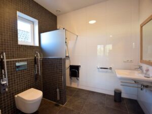 aangepaste badkamer met toilet met opklapbare beugels, opklapbaar douchezitje aan de muur, onderrijdbare wastafel. Donker grijze vloertegels en witte muurtegels