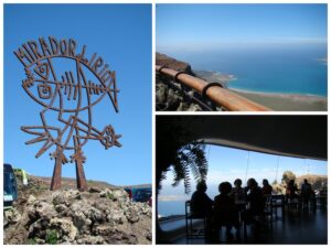 3 foto's in één. Een groot ijzeren beeldmerk ontworpen door César Manrique met de tekst Mirador Del Rio. Uitzicht richting zee. Binnen in het restaurant met in de schaduw mensen aan tafeltjes voor een gigantisch ovaalvormig raam met zicht op de zee.
