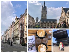 Collage van 4 sfeerbeelden van Gent. O.a. een straat met veel gekleurde pakhuizen, de St. Baaf Kathedraal, en twee kopjes cappucino